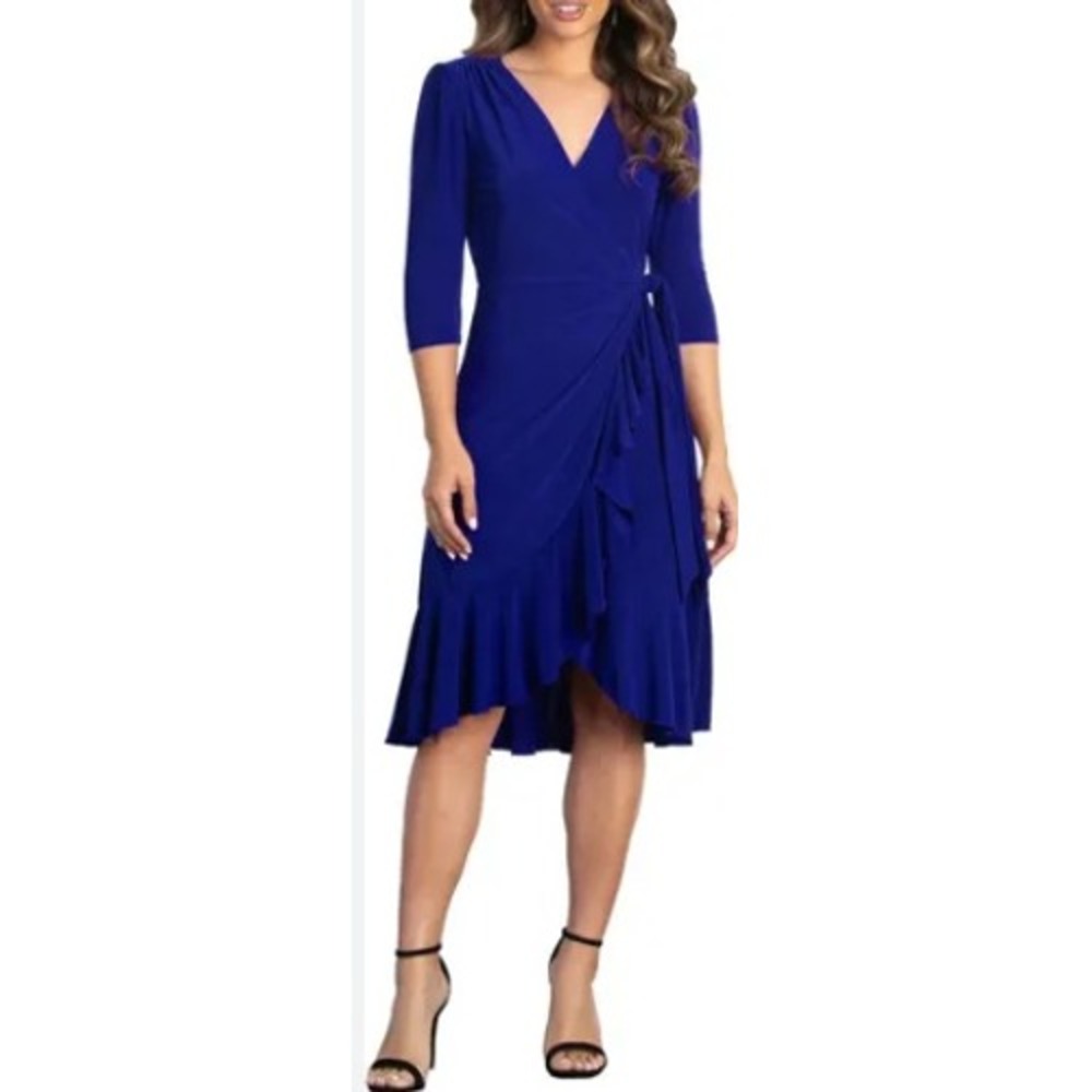 Kiyonna Womens Royal Blue Wrap Dress 3/4 Sleeve Ruffle Hem Size S Made in USA